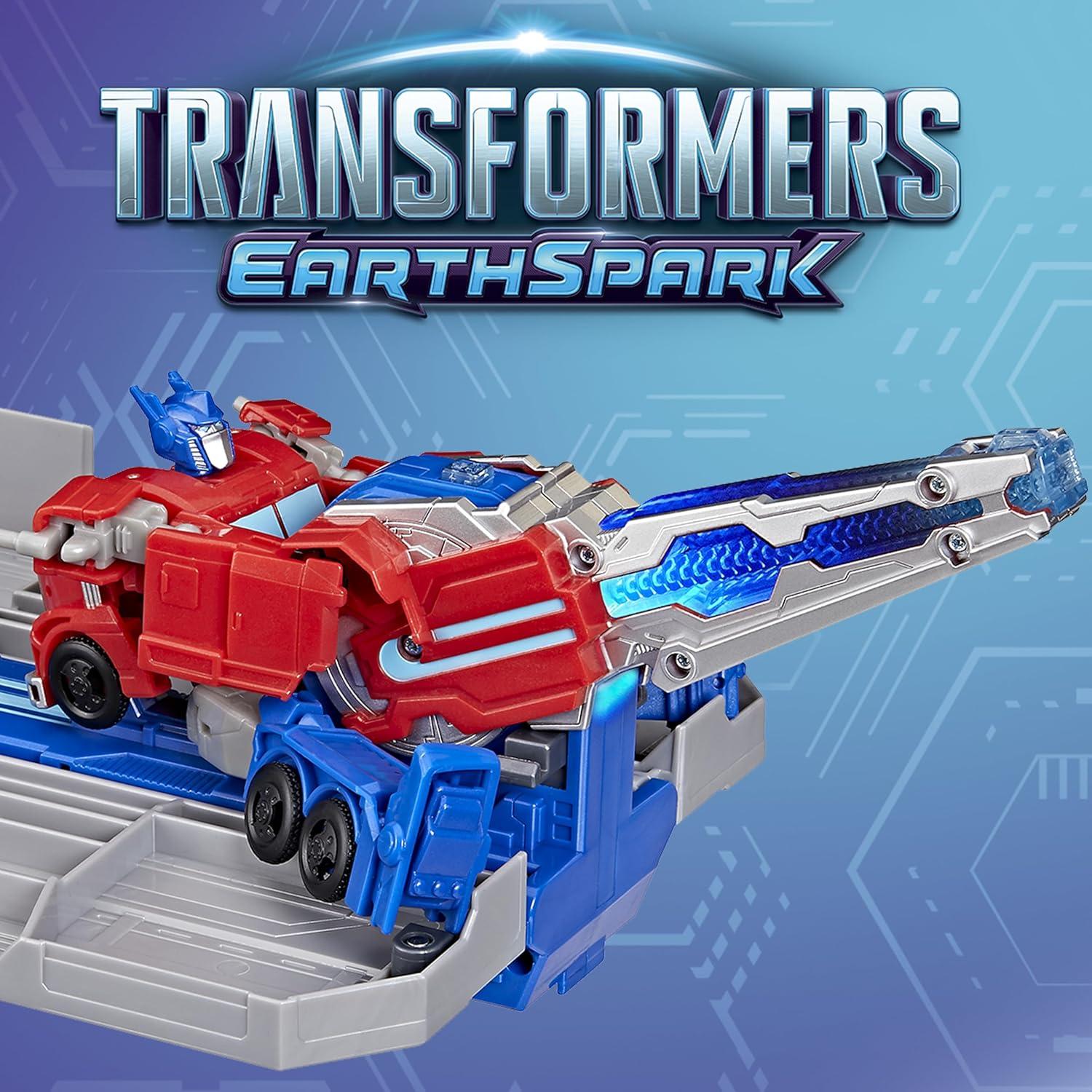 imageTransformers EarthSpark Optimus Prime Battle Trailer Playset with Action Figure Lights and Sounds Electronic Truck Toys for Kids 6 and Up