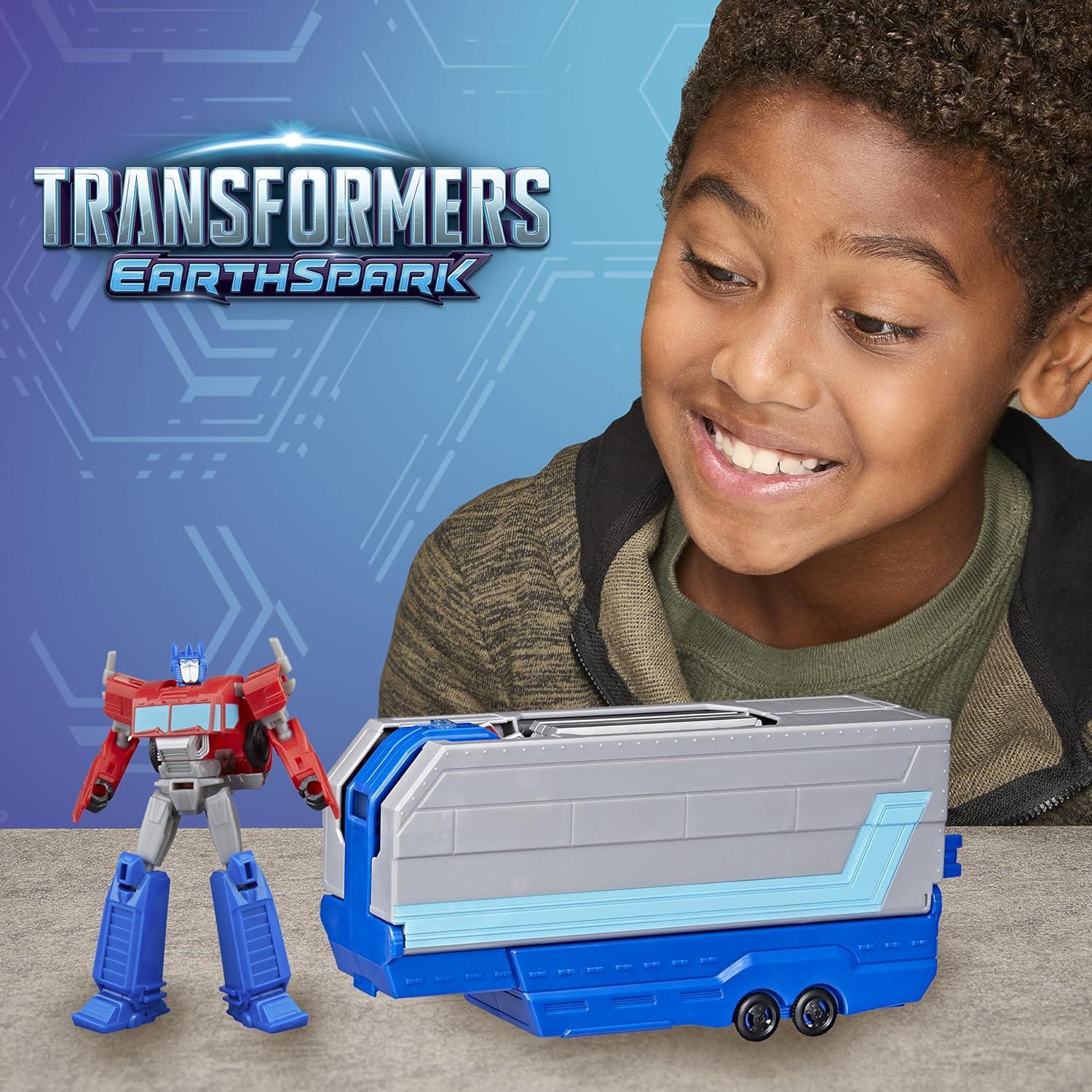 imageTransformers EarthSpark Optimus Prime Battle Trailer Playset with Action Figure Lights and Sounds Electronic Truck Toys for Kids 6 and Up