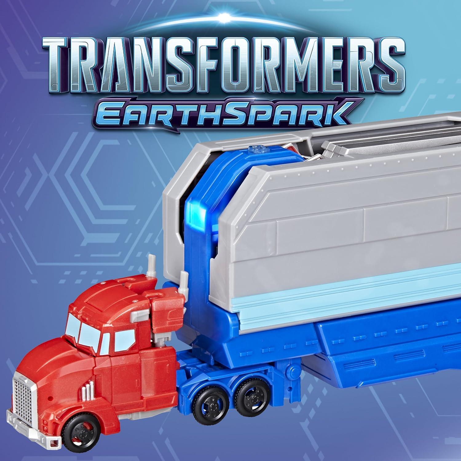 imageTransformers EarthSpark Optimus Prime Battle Trailer Playset with Action Figure Lights and Sounds Electronic Truck Toys for Kids 6 and Up