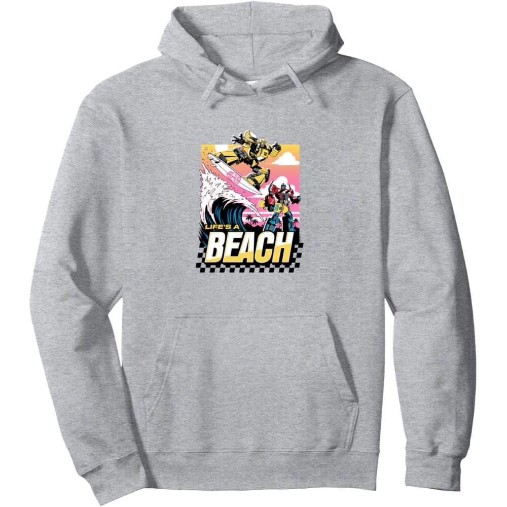 imageTransformers Bumblebee Surfing Lifes A Beach Portrait Pullover HoodieHeather Grey