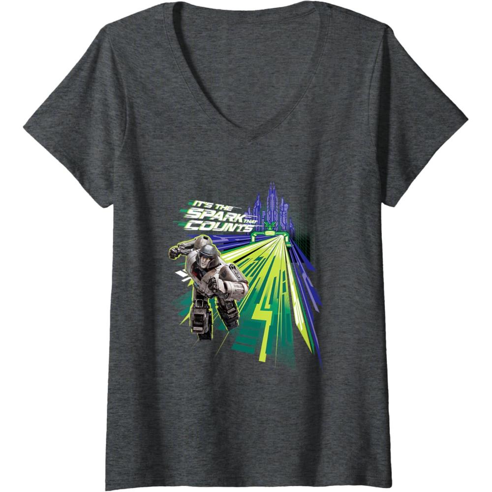 imageWomens Transformers One Its The Spark That Counts D16 Logo VNeck TShirtDark Heather Grey