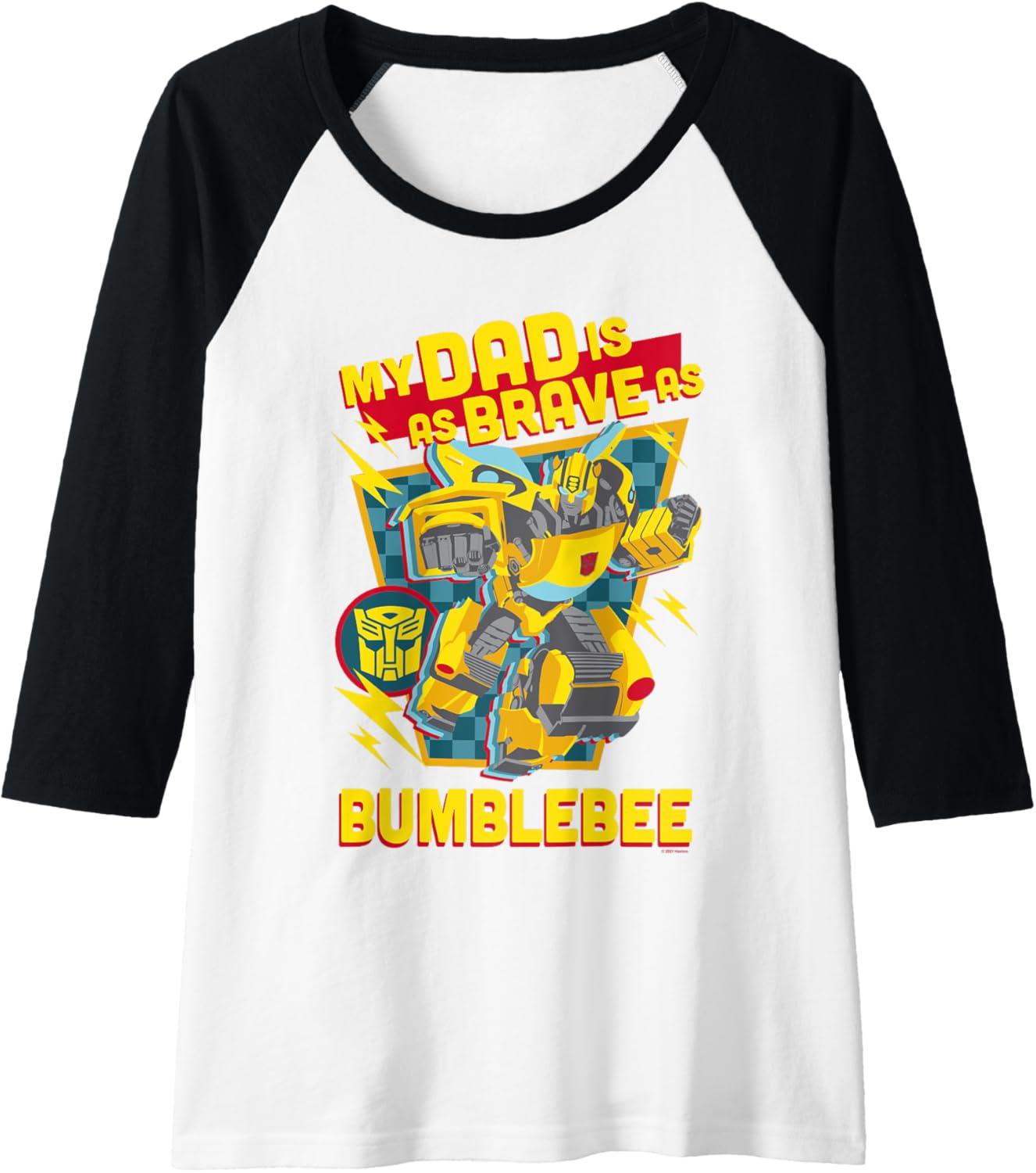 imageTransformers Fathers Day Bumblebee My Dad is Brave Raglan Baseball TeeBlackWhite