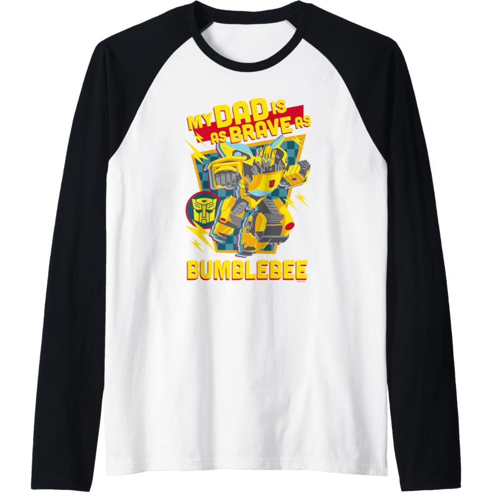imageTransformers Fathers Day Bumblebee My Dad is Brave Raglan Baseball TeeBlackWhite