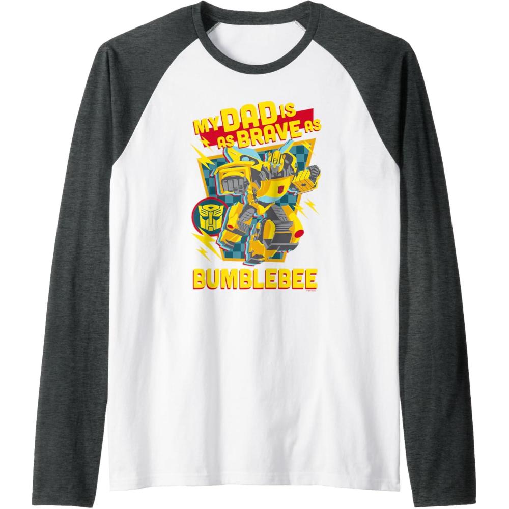 imageTransformers Fathers Day Bumblebee My Dad is Brave Raglan Baseball TeeDark Heather GreyWhite