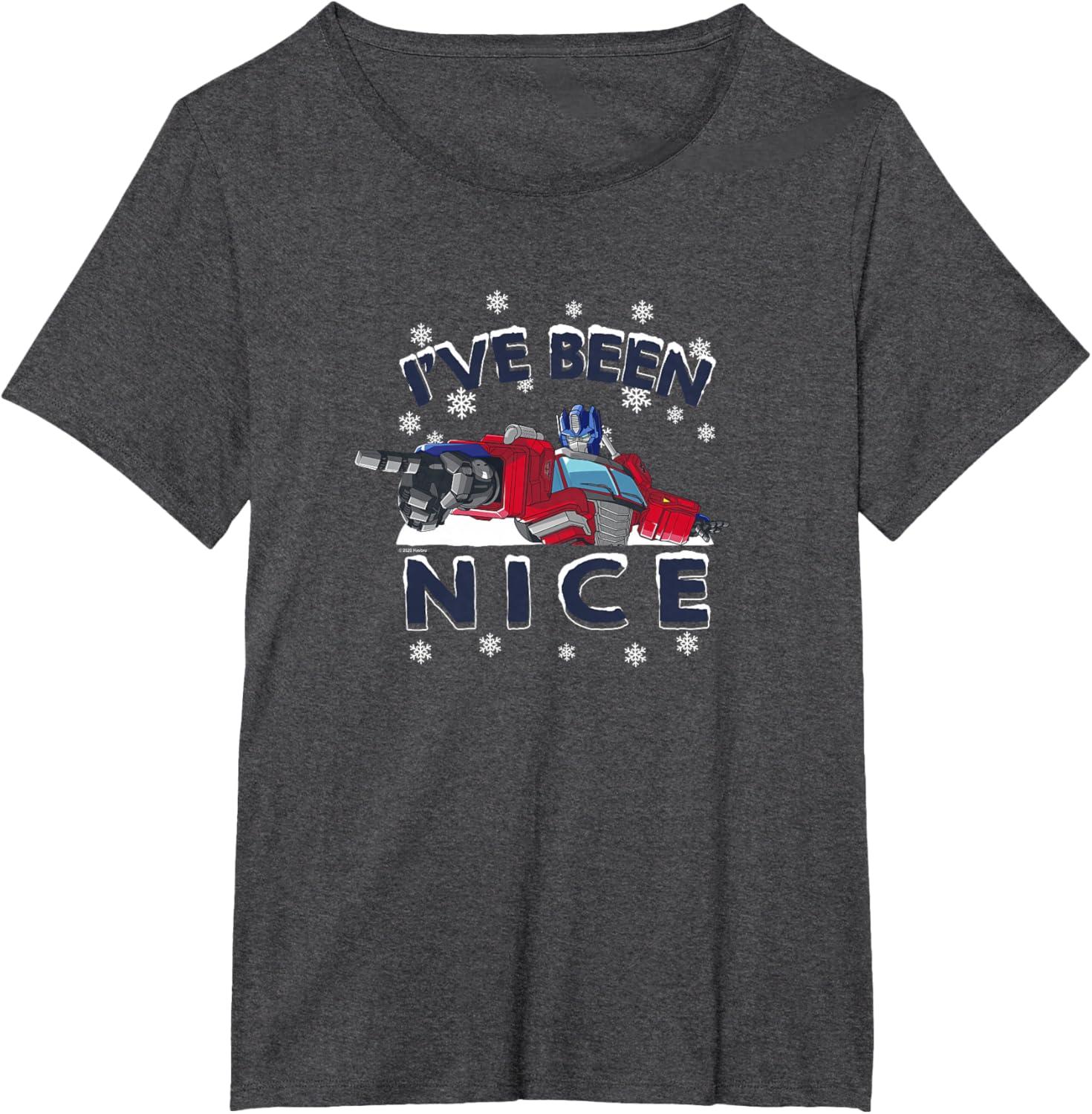 imageTransformers Ive Been Nice Optimus Prime Portrait TShirtDark Heather Grey