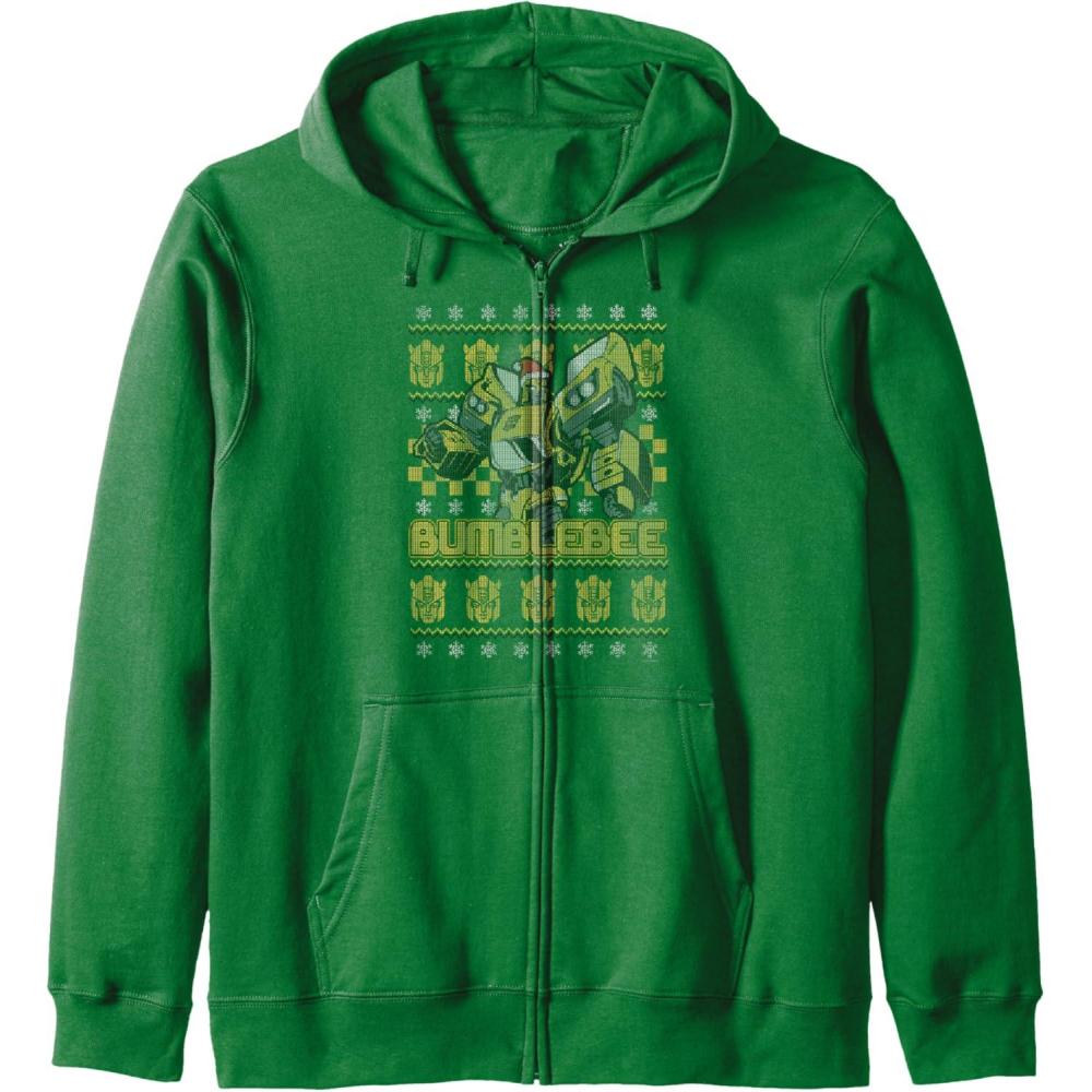 imageTransformers Christmas Bumblebee Ugly Sweater Zip HoodieDark Green