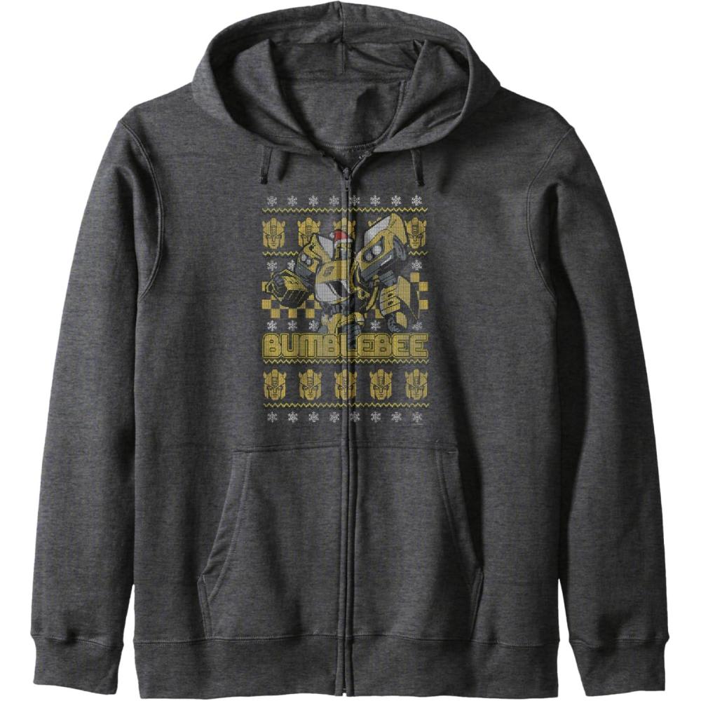 imageTransformers Christmas Bumblebee Ugly Sweater Zip HoodieDark Heather Grey