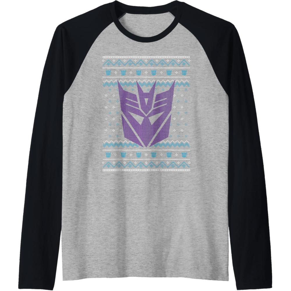 imageTransformers Christmas Retro Decepticon Ugly Sweater Style Raglan Baseball TeeBlackAthletic Heather