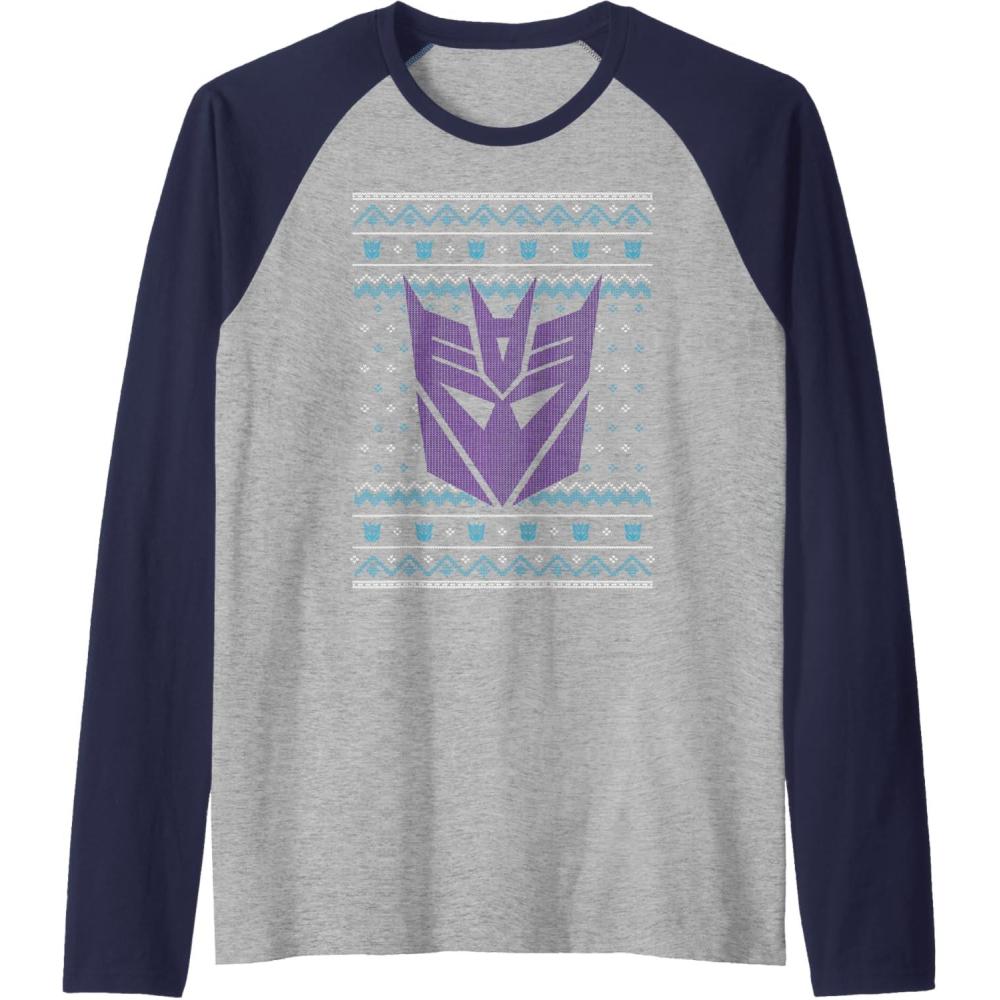 imageTransformers Christmas Retro Decepticon Ugly Sweater Style Raglan Baseball TeeNavy BlueAthletic Heather