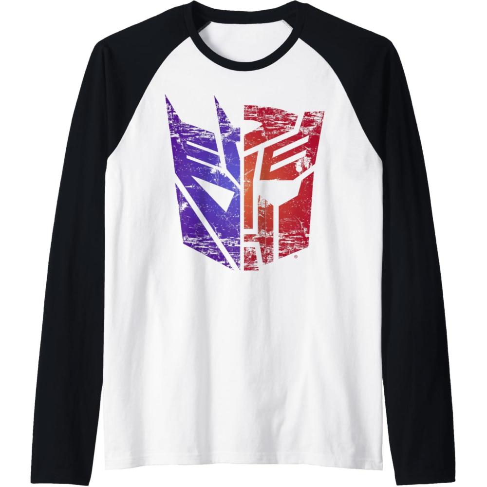 imageTransformers Decepticon Autobot Distressed Split Logo Raglan Baseball TeeBlackWhite