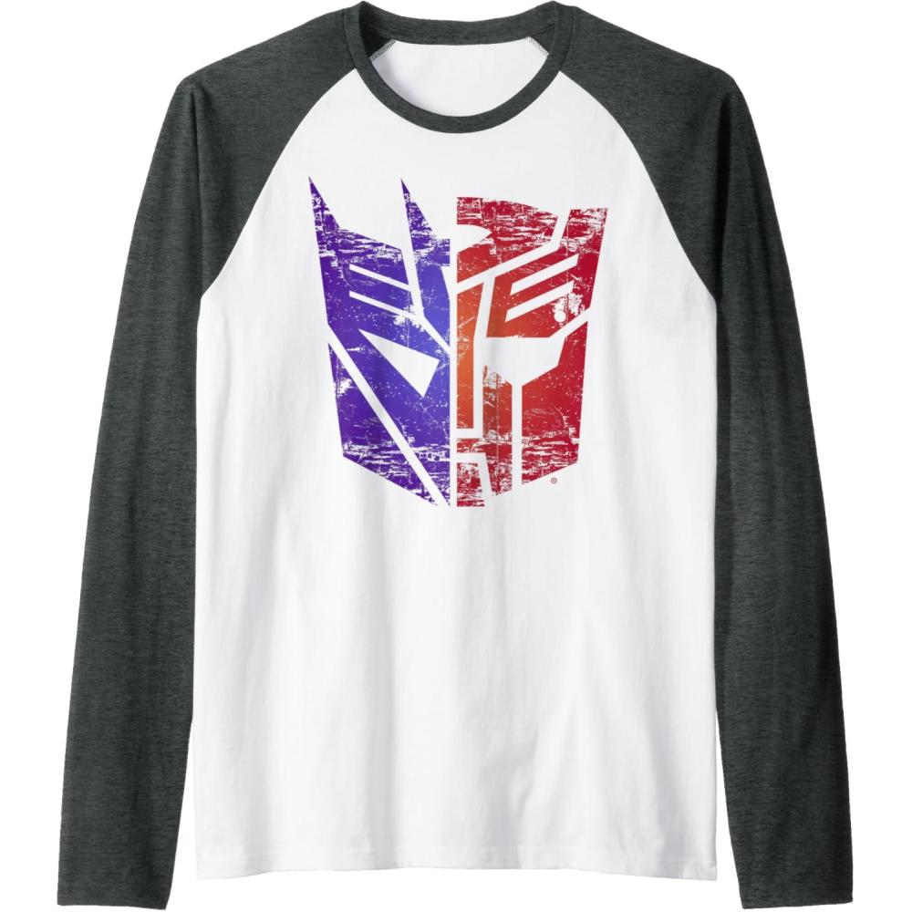 imageTransformers Decepticon Autobot Distressed Split Logo Raglan Baseball TeeDark Heather GreyWhite