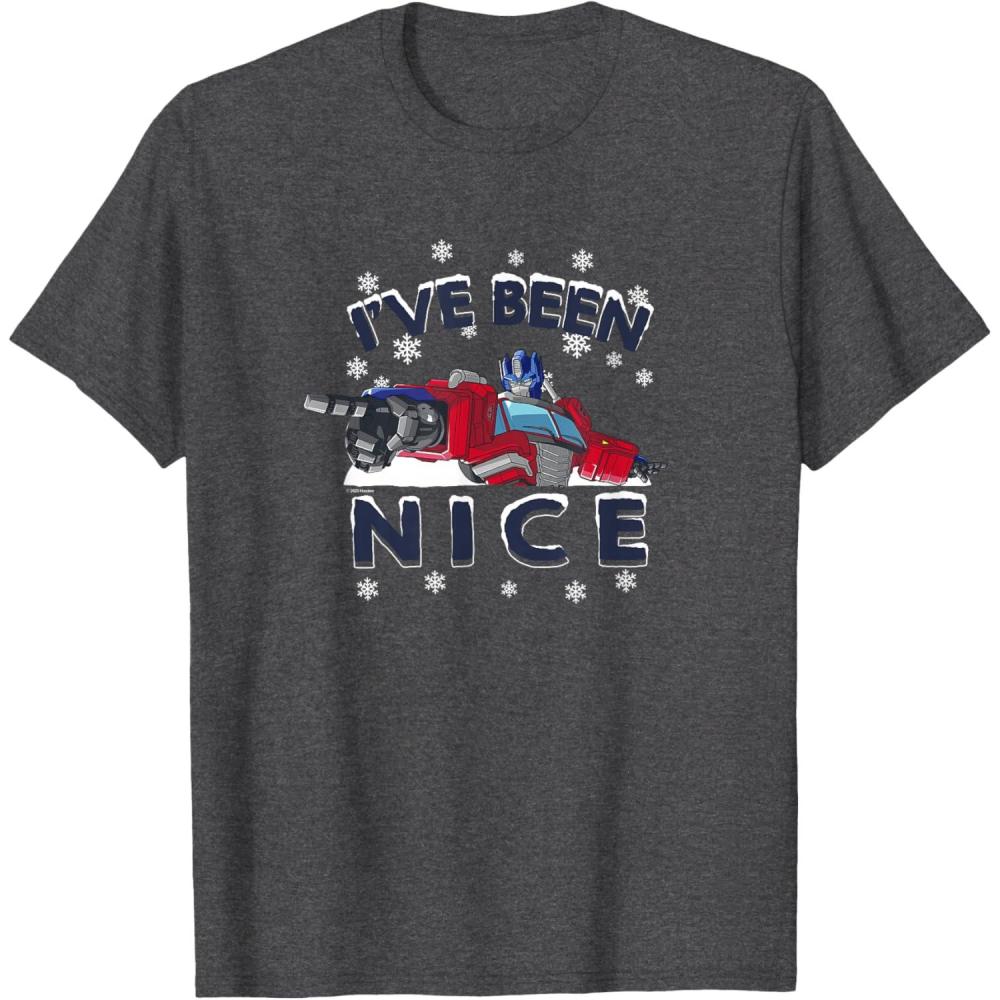 imageTransformers Ive Been Nice Optimus Prime Portrait TShirtDark Heather Grey