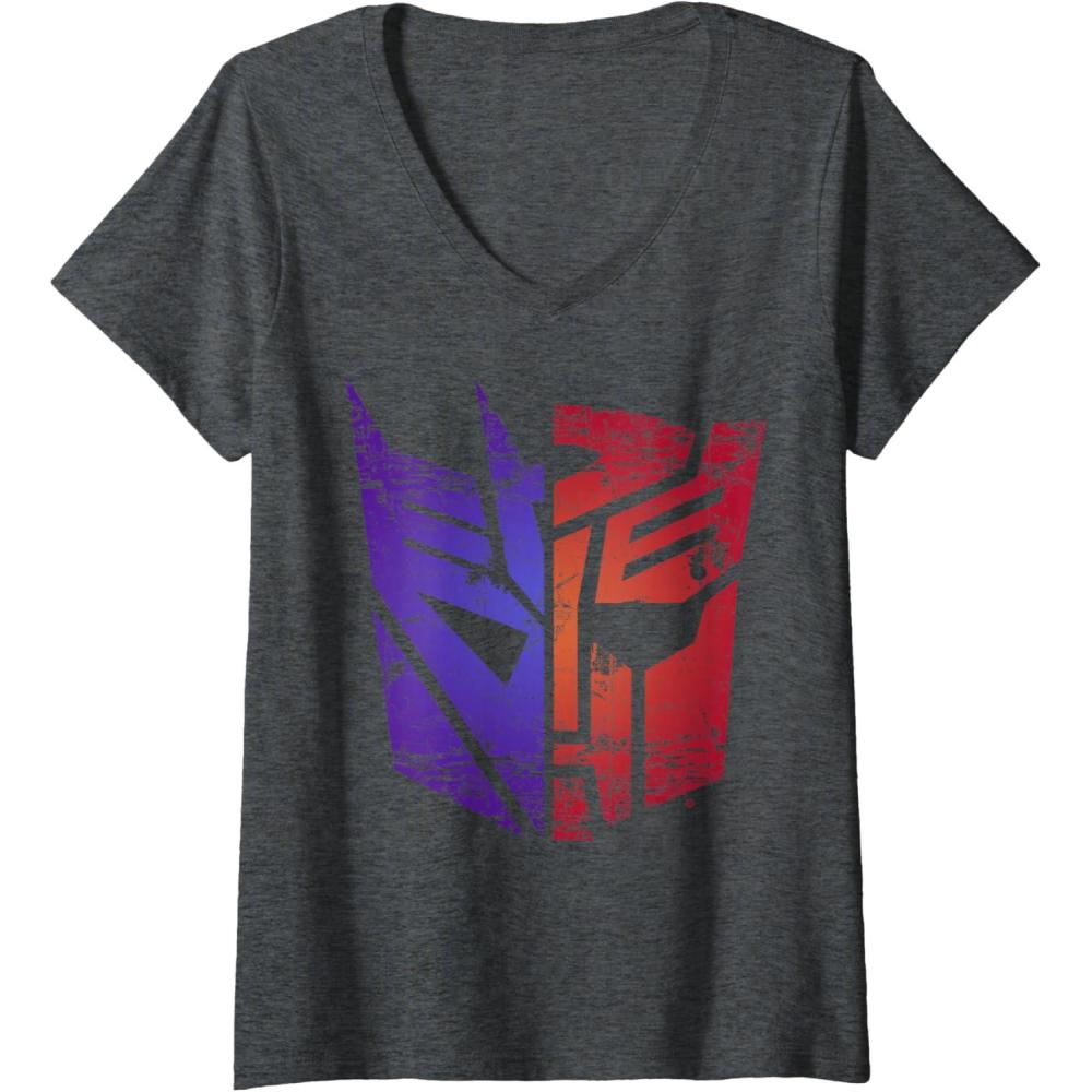 imageWomens Transformers Decepticon Autobot Distressed Split Logo VNeck TShirtDark Heather Grey