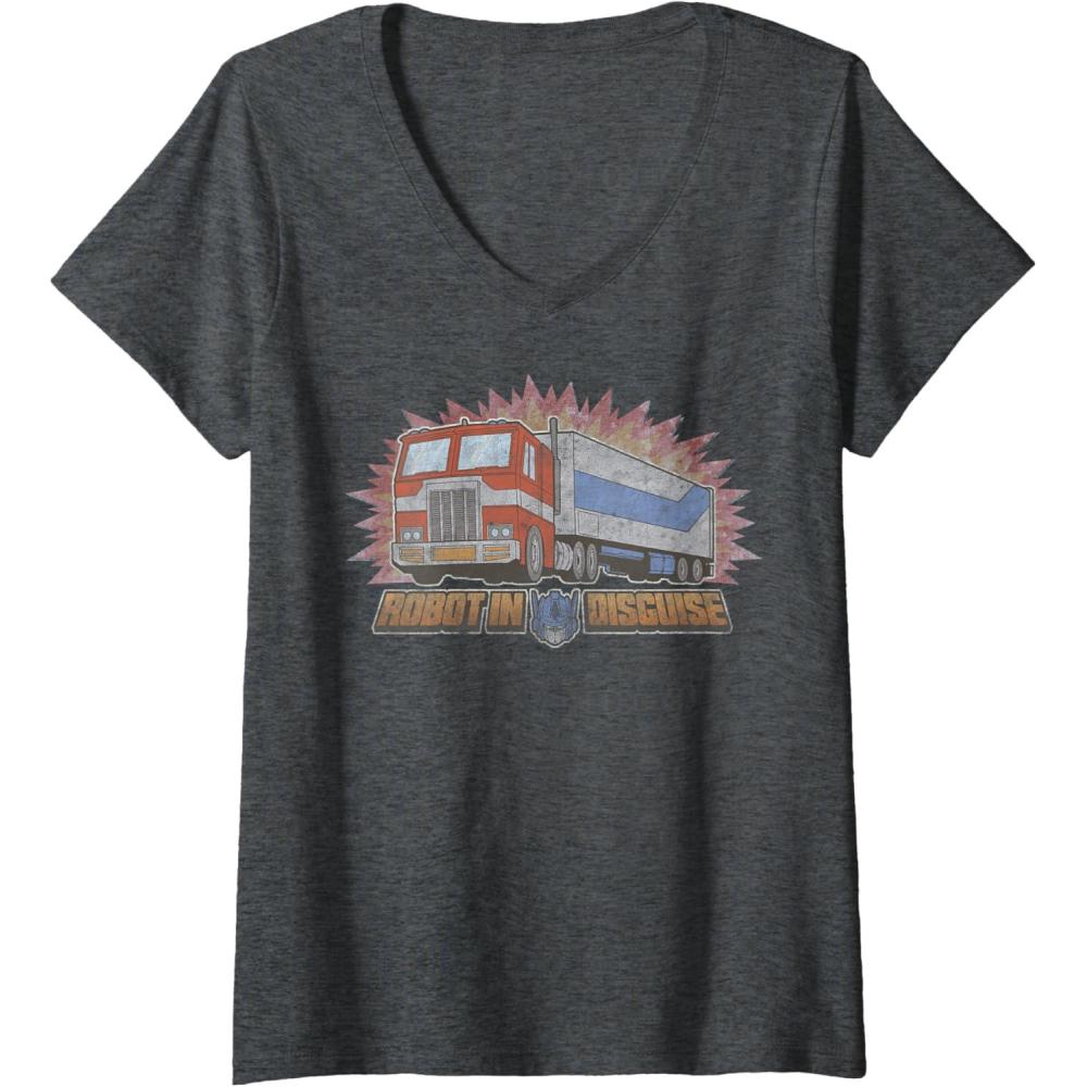 imageWomens Transformers Optimus Prime Robot in Disguise VNeck TShirtDark Heather Grey