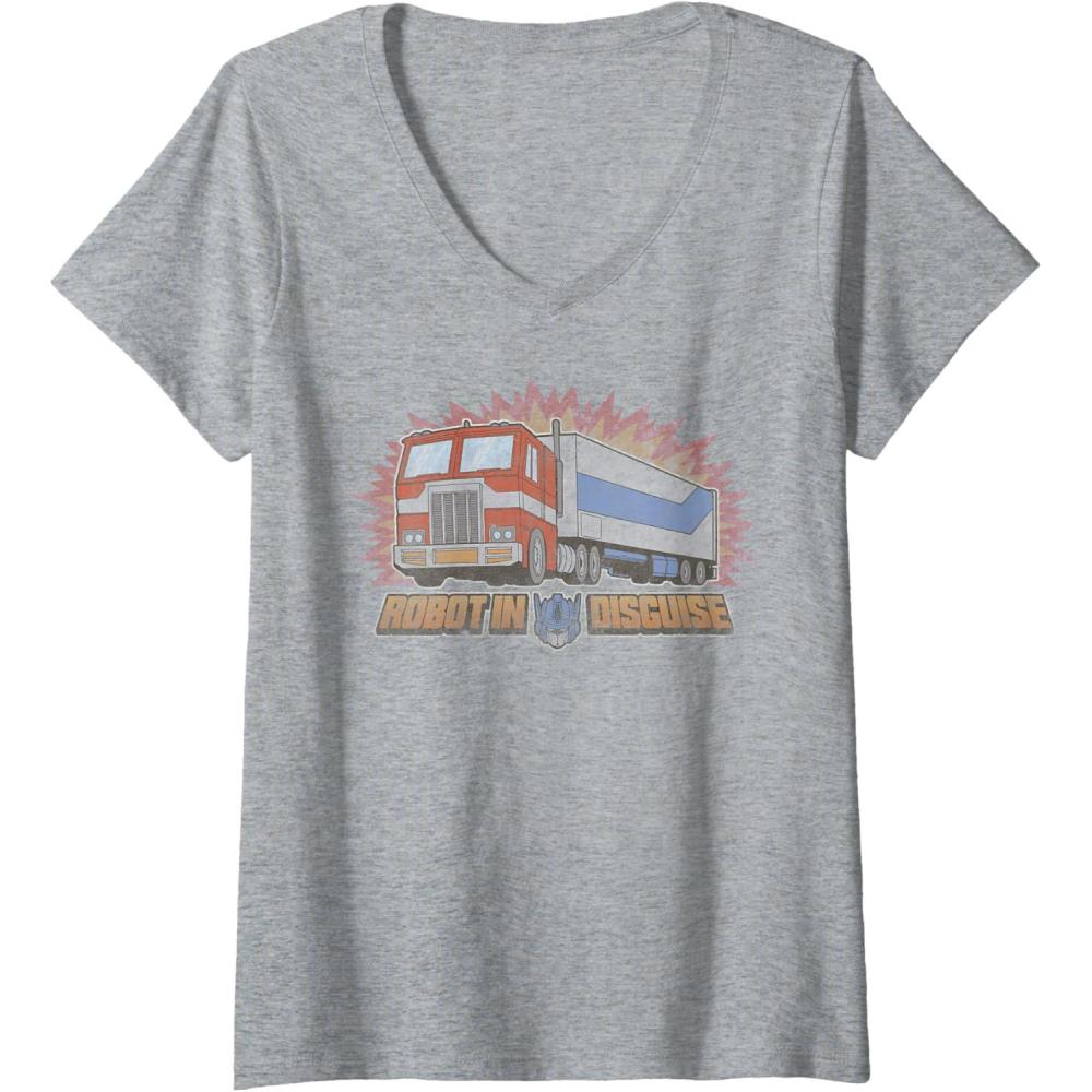 imageWomens Transformers Optimus Prime Robot in Disguise VNeck TShirtHeather Grey