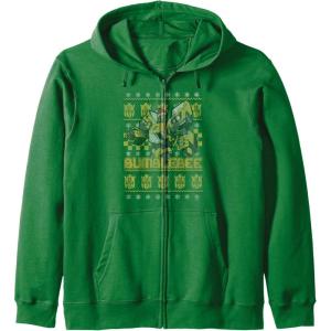 Transformers Christmas Bumblebee Ugly Sweater Zip Hoodie(Dark Green)