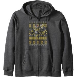 Transformers Christmas Bumblebee Ugly Sweater Zip Hoodie(Dark Heather Grey)