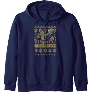 Transformers Christmas Bumblebee Ugly Sweater Zip Hoodie(Navy Blue)