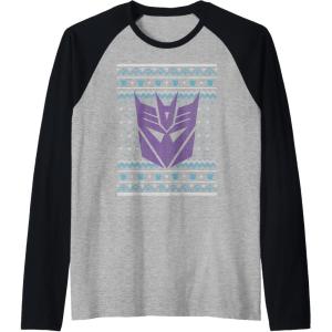 Transformers Christmas Retro Decepticon Ugly Sweater Style Raglan Baseball Tee(Black/Athletic Heather)