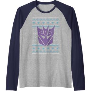 Transformers Christmas Retro Decepticon Ugly Sweater Style Raglan Baseball Tee(Navy Blue/Athletic Heather)