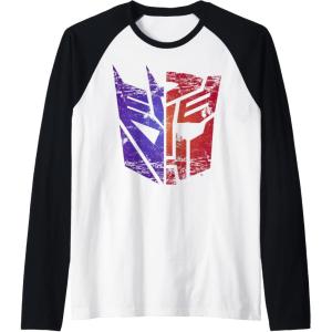Transformers Decepticon Autobot Distressed Split Logo Raglan Baseball Tee(Black/White)
