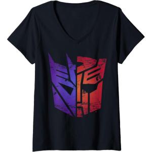 Womens Transformers Decepticon Autobot Distressed Split Logo V-Neck T-Shirt(Black)
