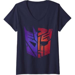 Womens Transformers Decepticon Autobot Distressed Split Logo V-Neck T-Shirt(Navy Blue)