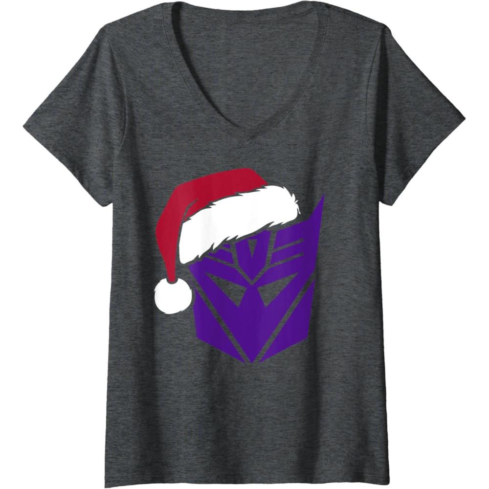 imageWomens Transformers Christmas Decepticons Santa Hat Logo VNeck TShirtDark Heather Grey