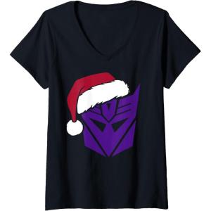 Womens Transformers Christmas Decepticons Santa Hat Logo V-Neck T-Shirt(Black)