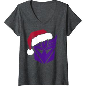Womens Transformers Christmas Decepticons Santa Hat Logo V-Neck T-Shirt(Dark Heather Grey)