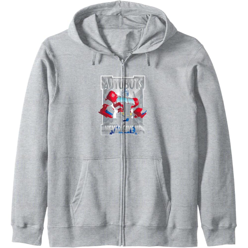 imageTransformers Optimus Prime Autobots Never Give Up Zip HoodieHeather Grey