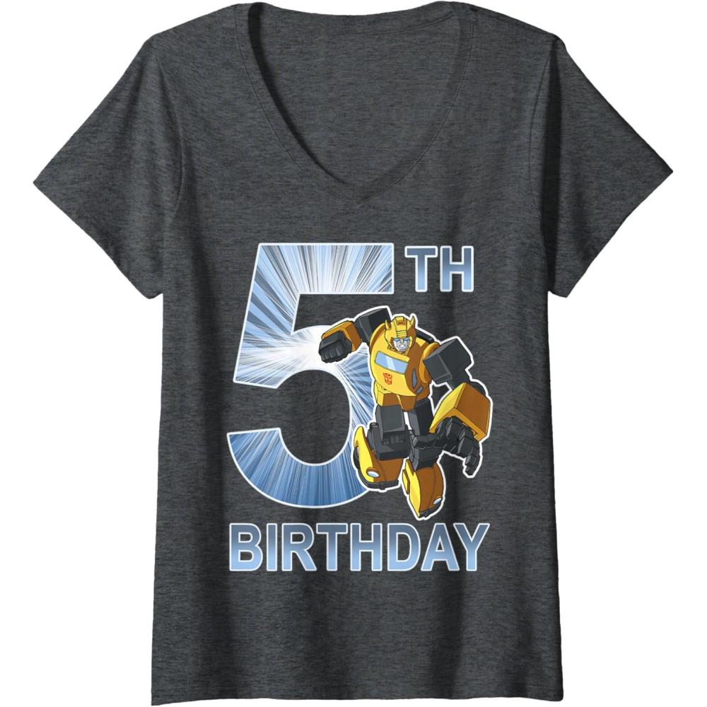 imageWomens Transformers Bumblebee 5th Birthday Vintage VNeck TShirtDark Heather Grey