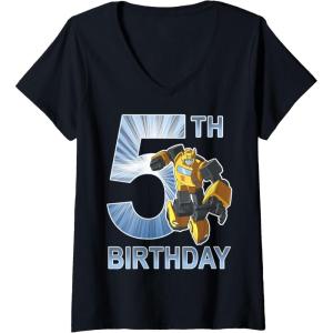 Womens Transformers Bumblebee 5th Birthday Vintage V-Neck T-Shirt(Black)