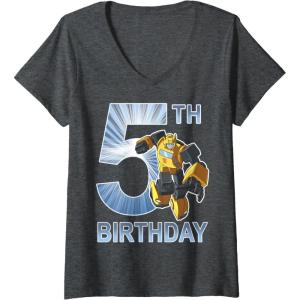 Womens Transformers Bumblebee 5th Birthday Vintage V-Neck T-Shirt(Dark Heather Grey)