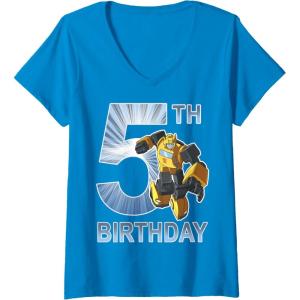 Womens Transformers Bumblebee 5th Birthday Vintage V-Neck T-Shirt(Sapphire Blue)