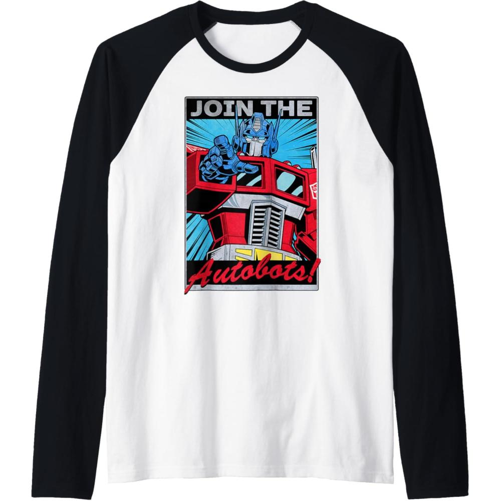 imageTransformers Optimus Prime Join The Autobots Retro Poster Raglan Baseball TeeBlackWhite