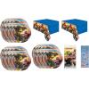 Transformers Party Supplies Bundle Pack includes 24 Dessert Paper Plates, 2 Plastic Table Covers, 1 Dinosaur Sticker Sheet