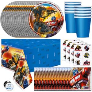 Transformers Birthday Party Supplies – Serves 16 | Transformer Tablecover, Plates, Napkins, Cups, Tattoo Party Favors, Buttons