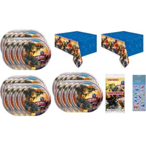 Transformers Party Supplies Bundle Pack includes 24 Dessert Paper Plates, 2 Plastic Table Covers, 1 Dinosaur Sticker Sheet