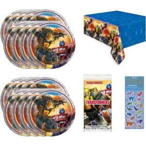 Unique Transformers Party Supplies Bundle Pack includes 16 Dessert Cake Plates, 1 Plastic Table Cover