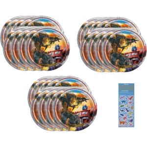 Unique Transformers Party Supplies Bundle Pack includes 24 Dessert Cake Paper Plates and 1 Dinosaur Sticker Sheet(Small)