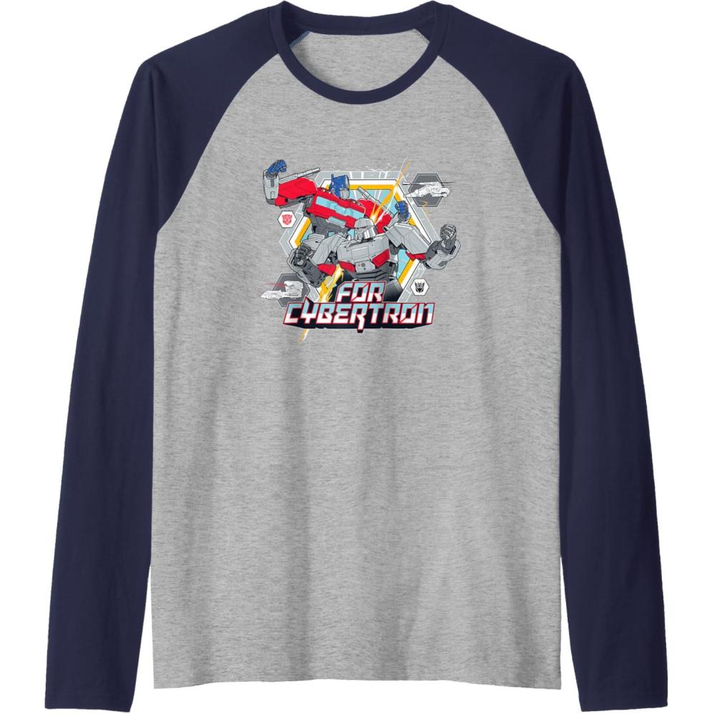 imageTransformers One For Cybertron Optimus ampamp Megatron Epic Raglan Baseball TeeNavy BlueAthletic Heather
