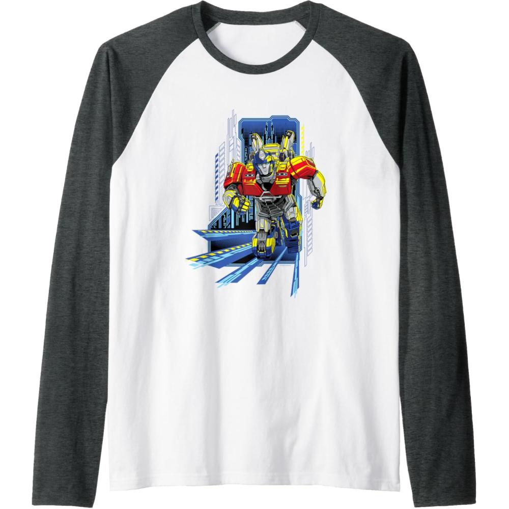 imageTransformers One Orion Pax Running Action Shot Raglan Baseball TeeDark Heather GreyWhite