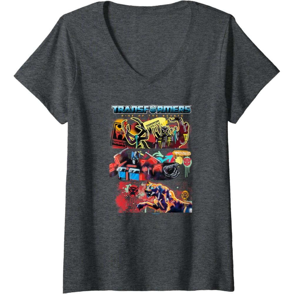 image:imageTransformers Rise of the Beasts Epic Graffiti Battle Panels VNeck TShirtDark Heather Grey