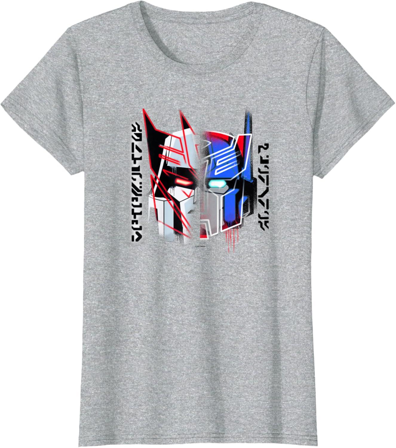 image:imageTransformers Good Vs Evil Split Face Graffiti Retro Poster TShirtHeather Grey