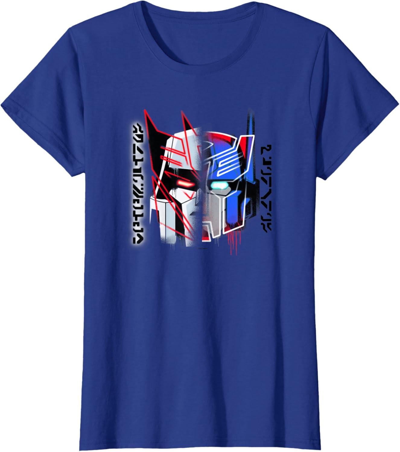 image:imageTransformers Good Vs Evil Split Face Graffiti Retro Poster TShirtRoyal Blue