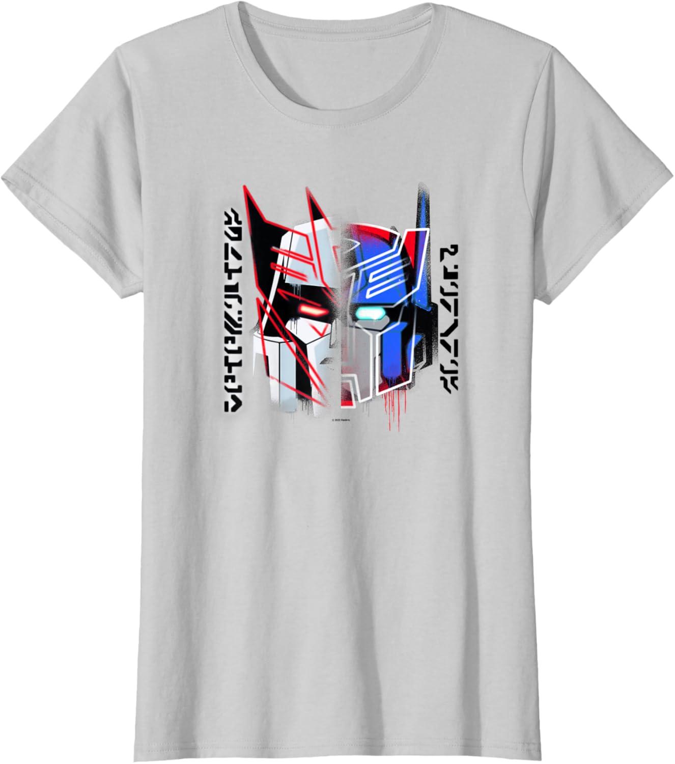 image:imageTransformers Good Vs Evil Split Face Graffiti Retro Poster TShirtSilver Grey