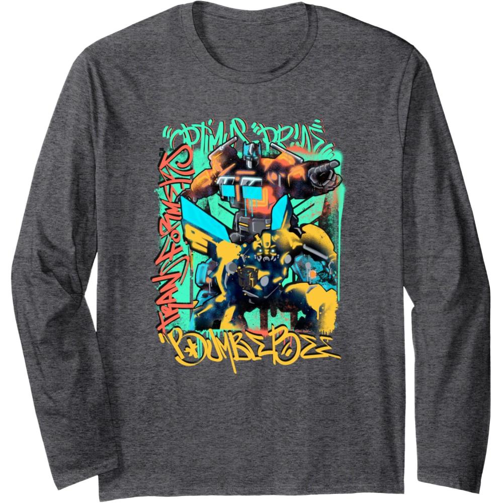 image:imageTransformers Rise of The Beasts Optimus ampamp Bee Graffiti Shot Long Sleeve TShirtDark Heather Grey