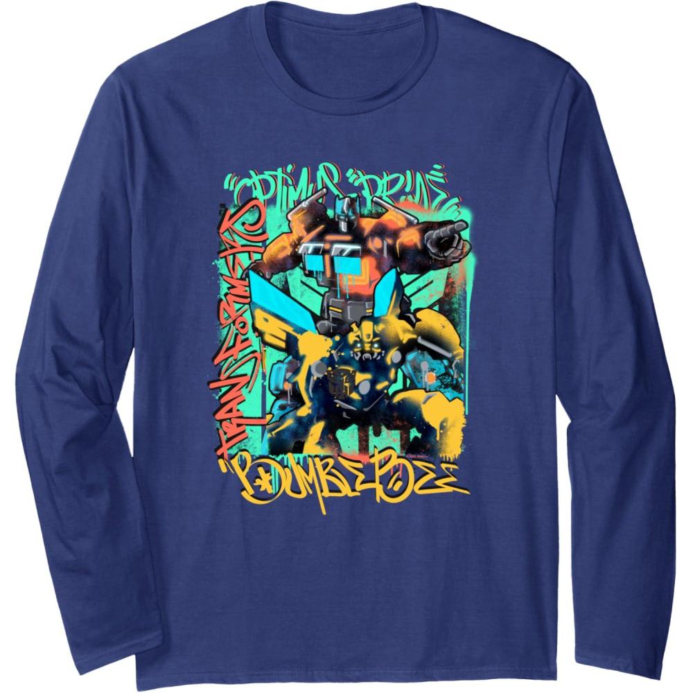 image:imageTransformers Rise of The Beasts Optimus ampamp Bee Graffiti Shot Long Sleeve TShirtNavy Blue