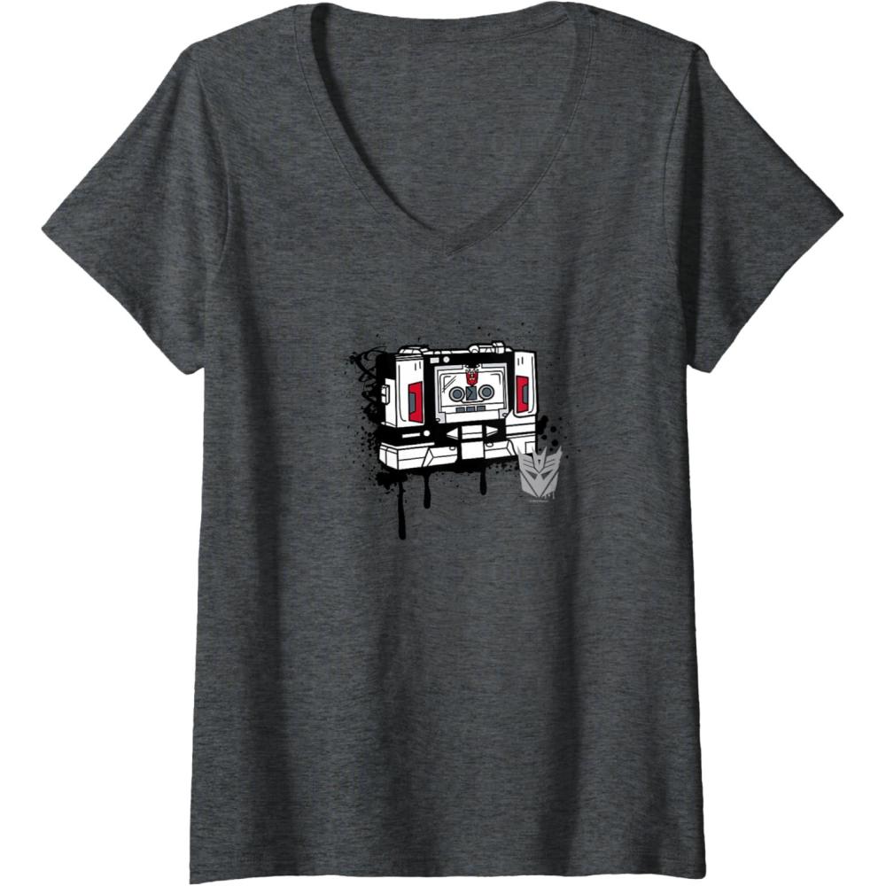 image:imageWomens Transformers Soundwave Tape Cassette Player Form Graffiti VNeck TShirtDark Heather Grey